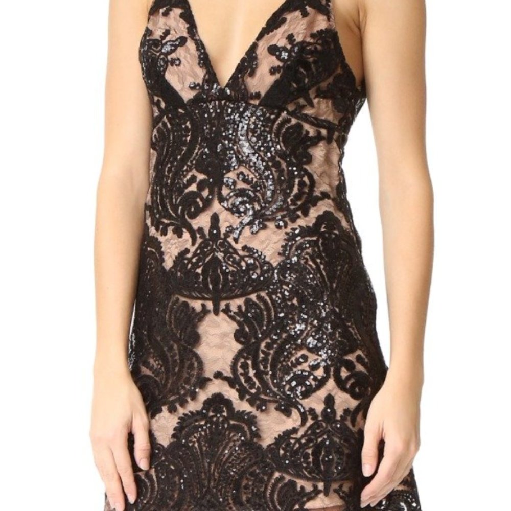 Black Nude Mini Beaded Lace Night Shimmer Dress